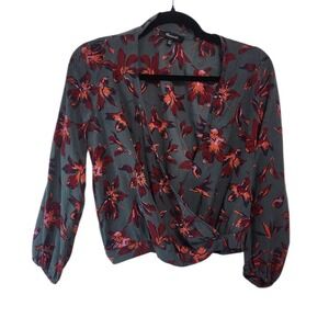 Madewell‎ XS Floral Print Silk Blend Long Sleeve Wrap Blouse Top Gray Red